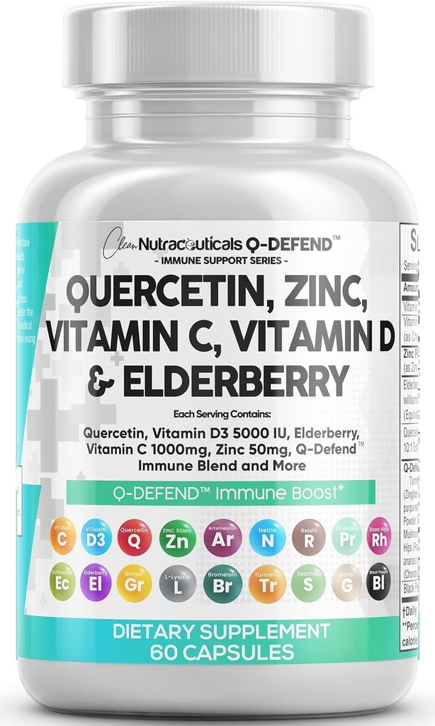 Q 保护 Quercetin 补充 锌维生素C 维生素D 长生莓 Turmeric Black Pepper Garlic 海 Moss Lysine Sting Nettle Reishi Mushune 支持 60 Capsules by Clean Nutra