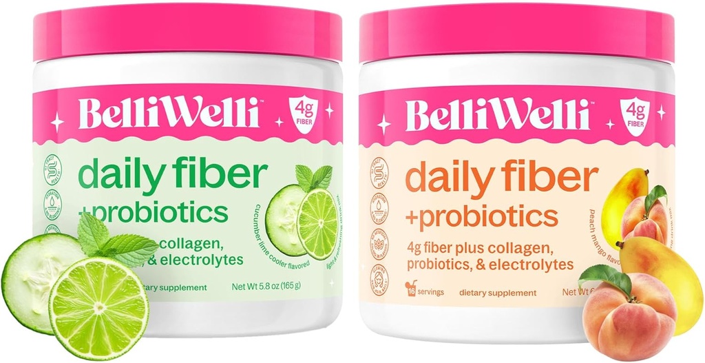Daily Fiber Supplement bundle with Collagen, probiotics, Electrolytes and Hydrition Support - Cucumber Lime Mint & Peach Mngo Flavors - 促进消化,皮肤健康, Gut平衡 - 32 服务