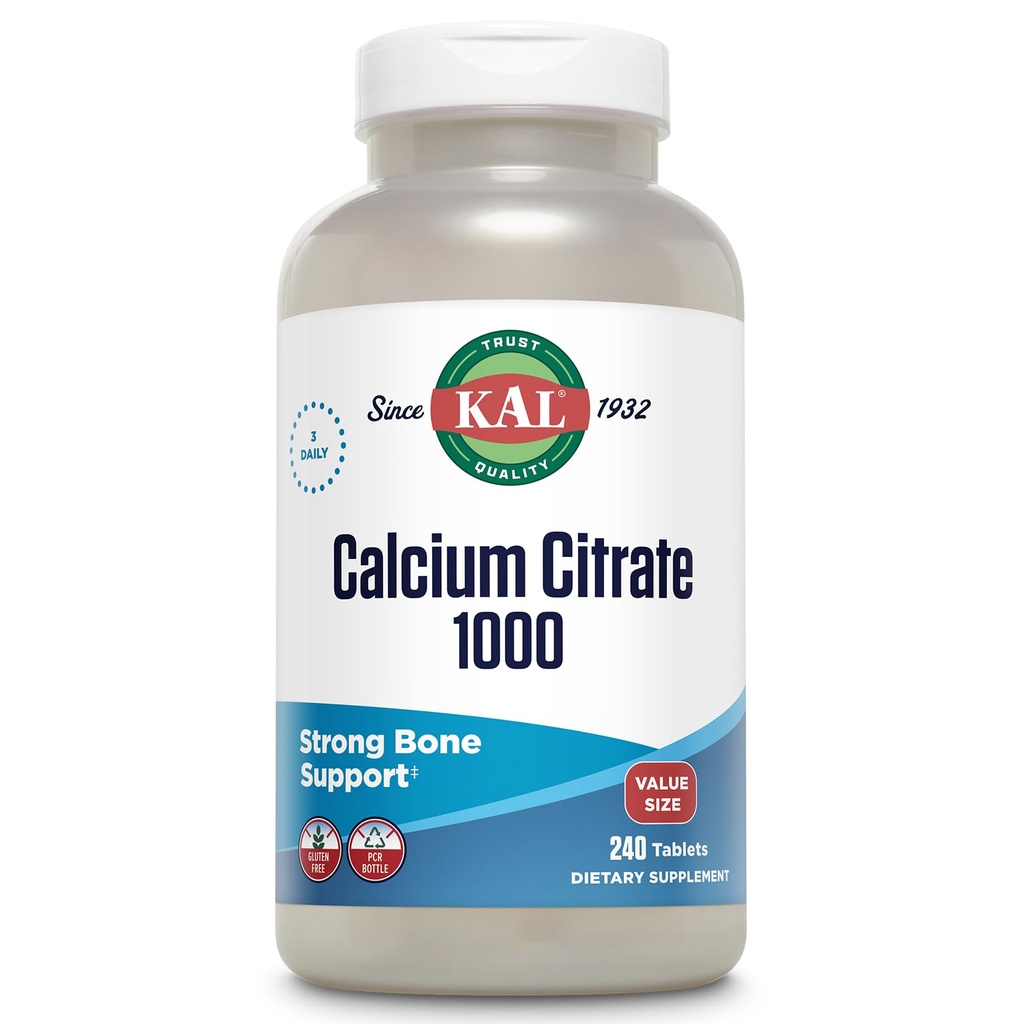 KAL Calcium Citrate 1000mg, 男女钙补充物,骨质健康,牙齿,神经,肌肉和心血管系统支持, Gluten 自由与实验室验证,80种服务,240片