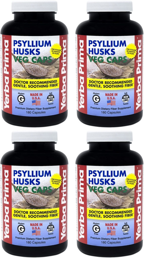 Yerba Prima Psyllium Husks Veg Caps - 180 Counter (Pack of 4) - Vegan, Non-GMO, Gluten Free, Colon Cleanser, 古特健康与规律的每日纤维补充剂