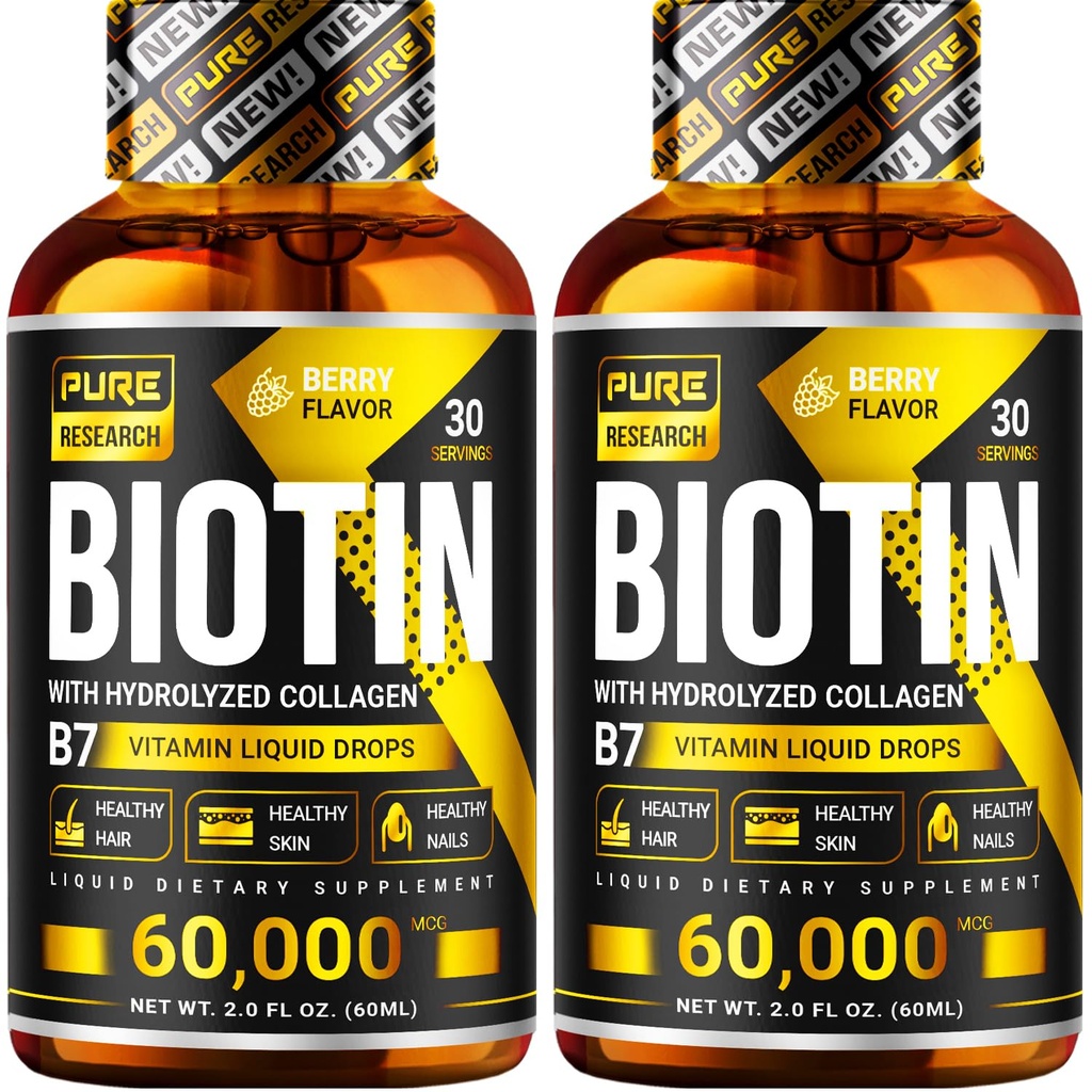 PURE Research Biotin & Collagen 60,000mcg 毛发生长液滴,支持:强钉,光泽皮肤,健康毛发生长,比卡普尔斯和药丸吸收更多(4Fl Oz)