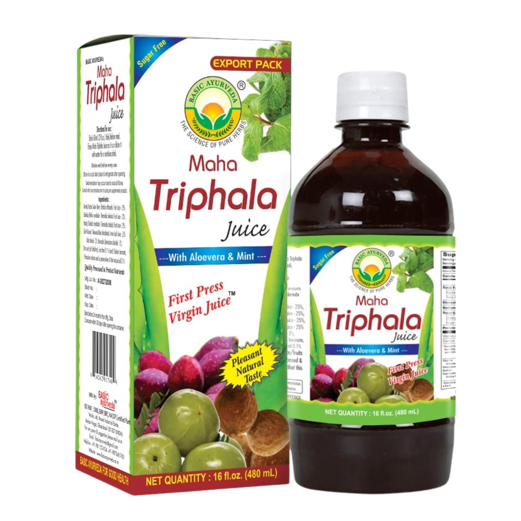 Ayurveda Maha Triphala Juice 与 Aloe Vera & Mint – 16 Fl Oz (480ml) 天然草药饮料 – 第一出版社 Virgin Juice – 没有添加糖 – 用于日常使用和清洁