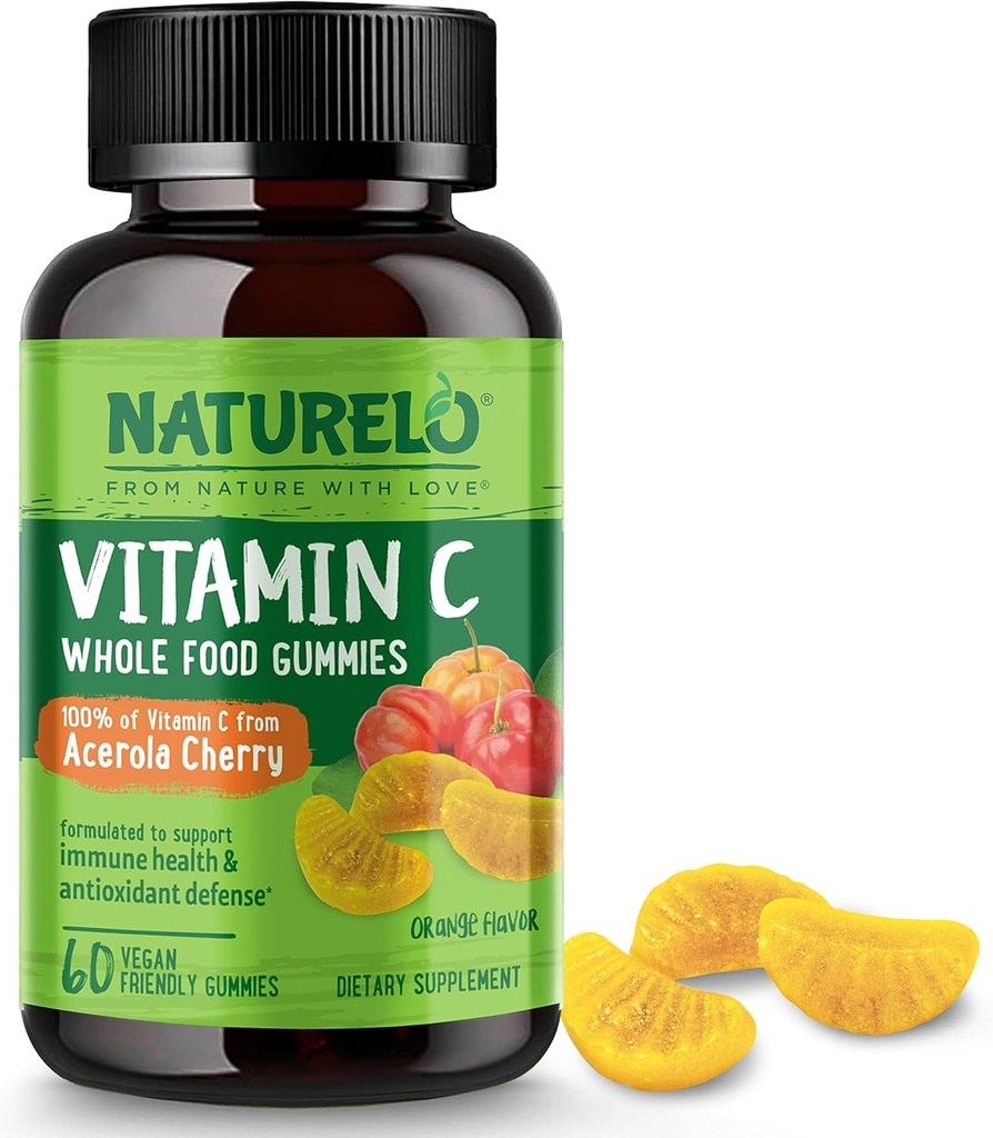 NATURELO 全食维生素C Gummys,来自Acerola樱桃的维生素C,植物补充品,60 Vegan-Friendly Gummys