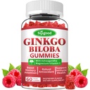 Ginkgo Biloba Gummys配有Panax Ginseng和Magnesium、Ginkgo Biloba 成人和儿童的焦点、记忆和脑健康补编、Vegan Raspberry Flavor Gummys, 60 Counter