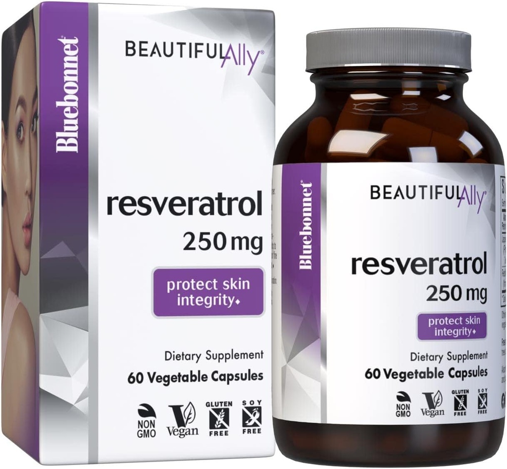 Bluebonnet 营养 美丽 Ally Resveratrol 250mg, 最佳皮肤, 抗氧化剂, 美丽营养剂, Vegan, 蔬菜, 非转基因生物, Gluten Free, Soy Free, 60 蔬菜卡普尔, 60 服务品