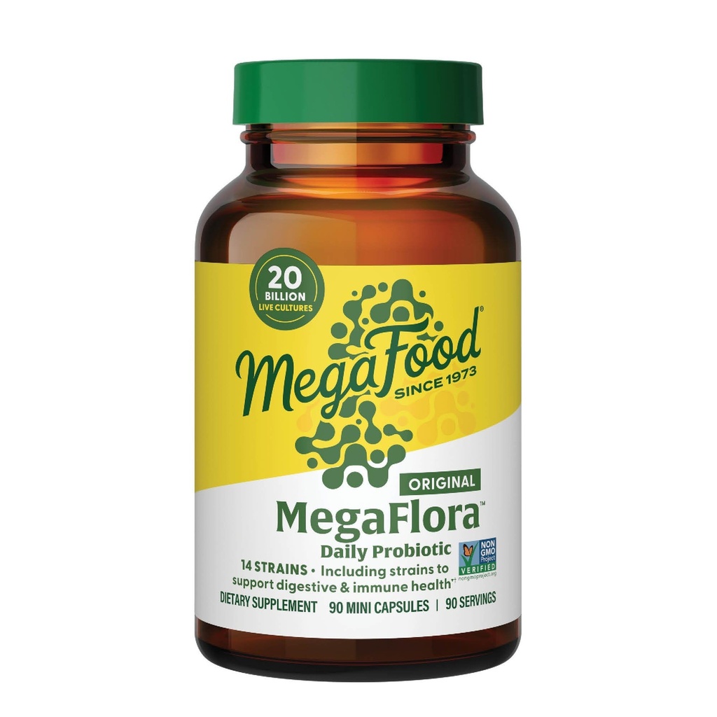 Megafood MegaFlora Probiotics - 女性消化保健的Probiotics - 免疫支持补充 - 20亿 CPU - 14 Strains - 非GMO - 蔬菜 - 90 mini Capsules (90名服务员)