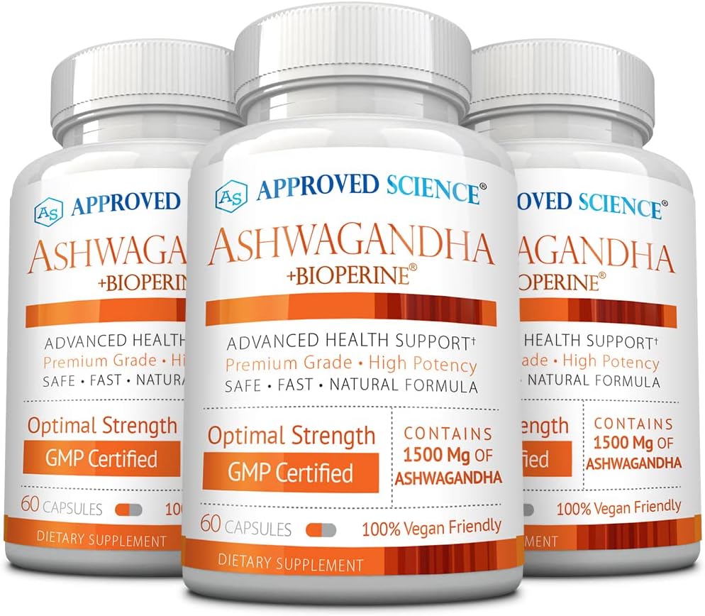 批准科学 Ashwagandha 1500mg 与 Bioperine 和 Ginger-Boost Mood & Energy - 60 Vegan 友好瓶(3瓶)