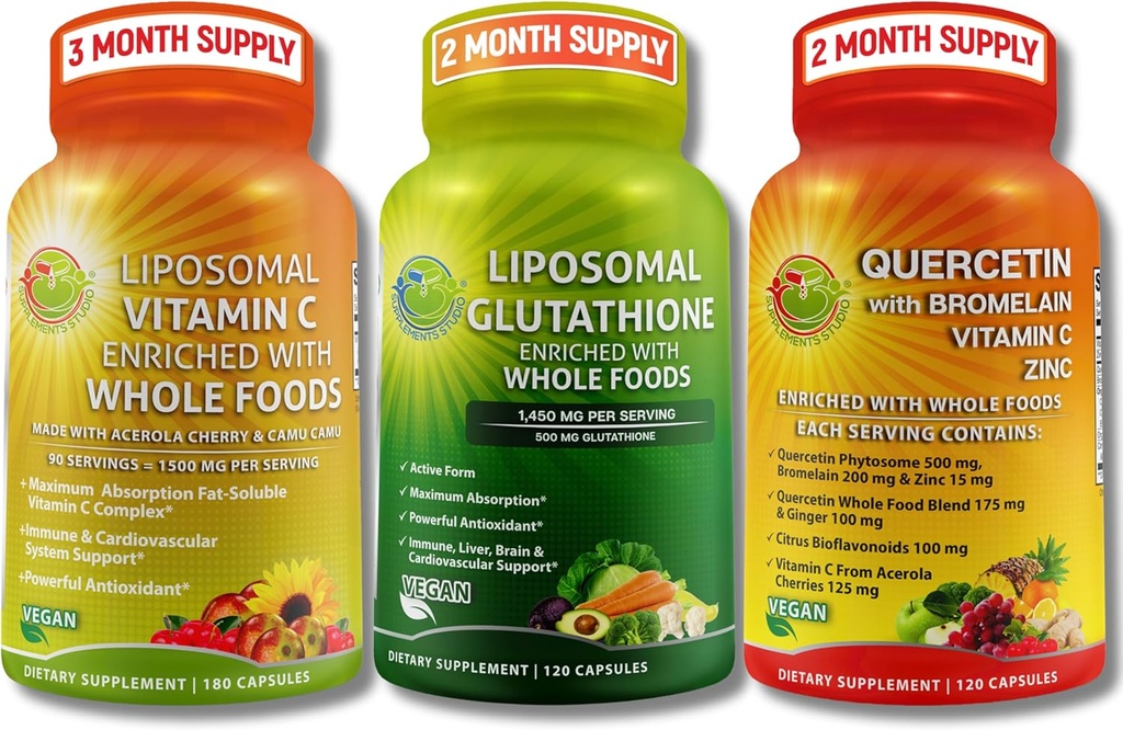 完整的基于植物的抗氧化剂和免疫支持包 - Liposomal Vitamin C 1500mg + Liposomal Glutathione 500mg + 含有溴、锌和维生素C的奎尔西丁 – Vegan,强化吸收公式