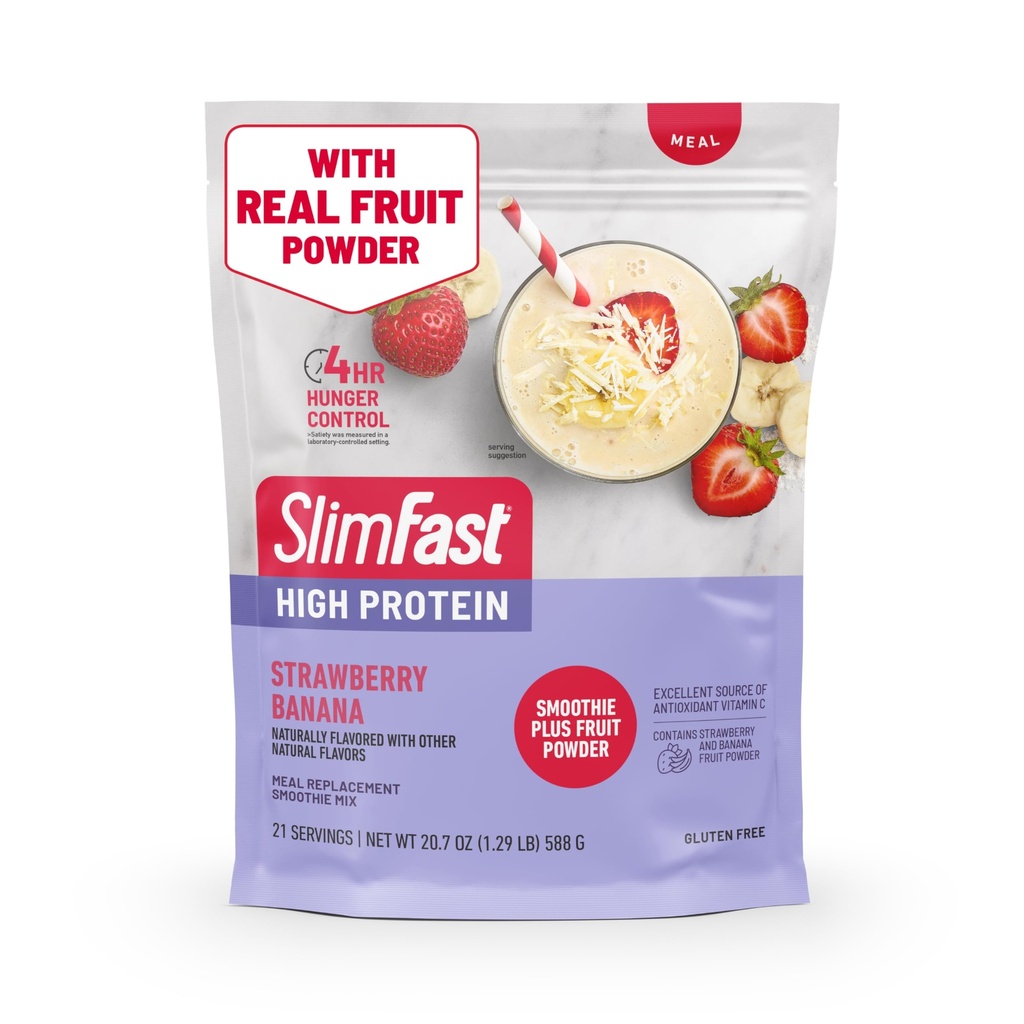 SlimFast HighProtein Slateie Mix Plus 水果粉,高蛋白米替代粉,纤维,维生素C,21种服务,1.29英镑,草莓香蕉(包装5月Vary)