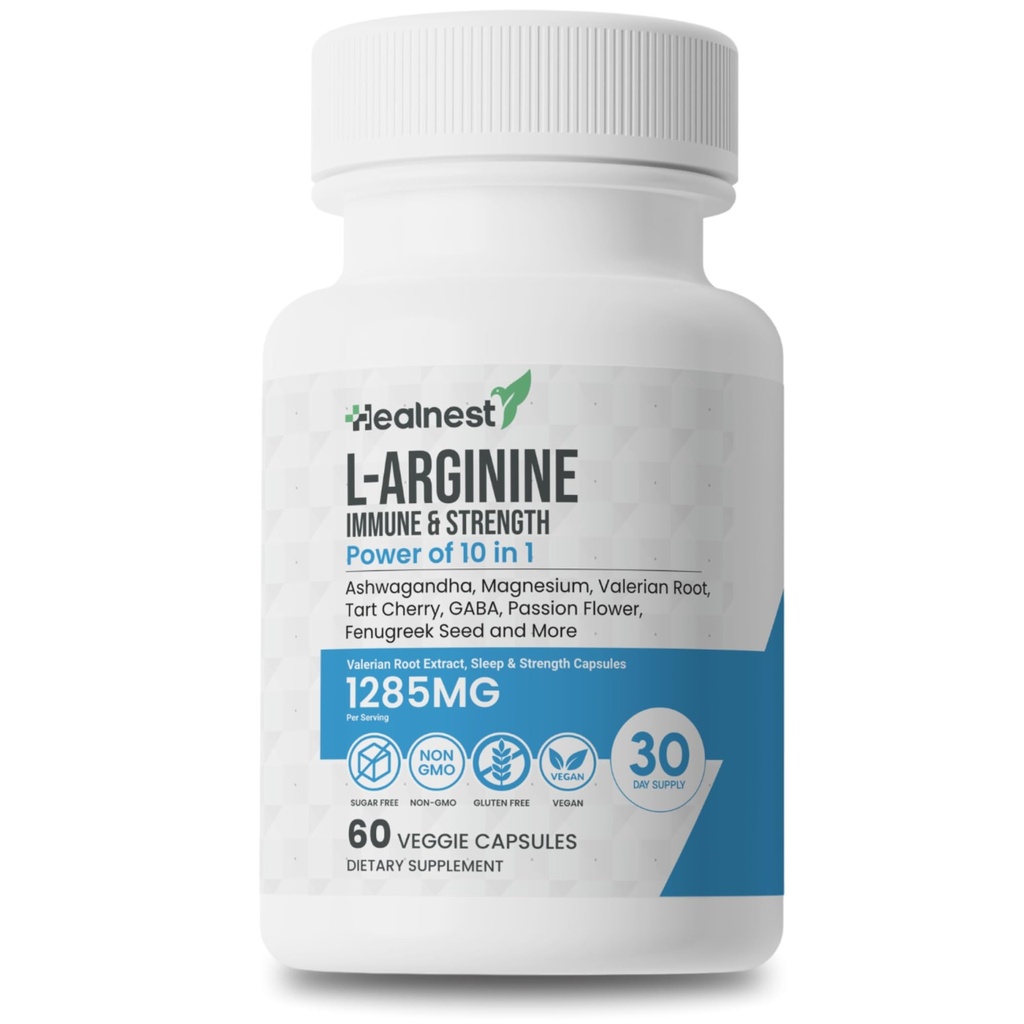 L- Arginine Capsules - 1285MG Ashwagandha、L-Theanine、Magnesium、GABA、Zinc & Tart Cherry – 肌肉恢复、压力缓解、Mood支持 — 非GMO、60名男子和女子Veggie Capsules