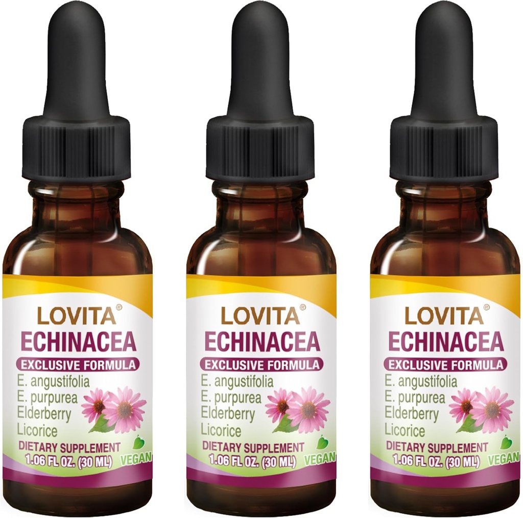Lovita Echinacea 提取液体 → 1 FL OZ → 350 mg / service → 集中草药叮当 → Vegan → 无酒精 → → 配有 长老莓 和 Licorice 提取剂(3 包)