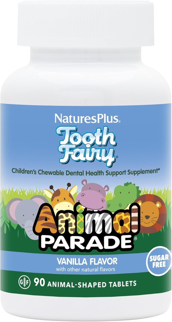 NaturesPlus 动物游行 牙仙儿童菜谱 - 天然香草 Flavor - 90 动物形状片,包装 2 - 牙科健康补充 - 蔬菜,格鲁滕免费 - 90 总服务