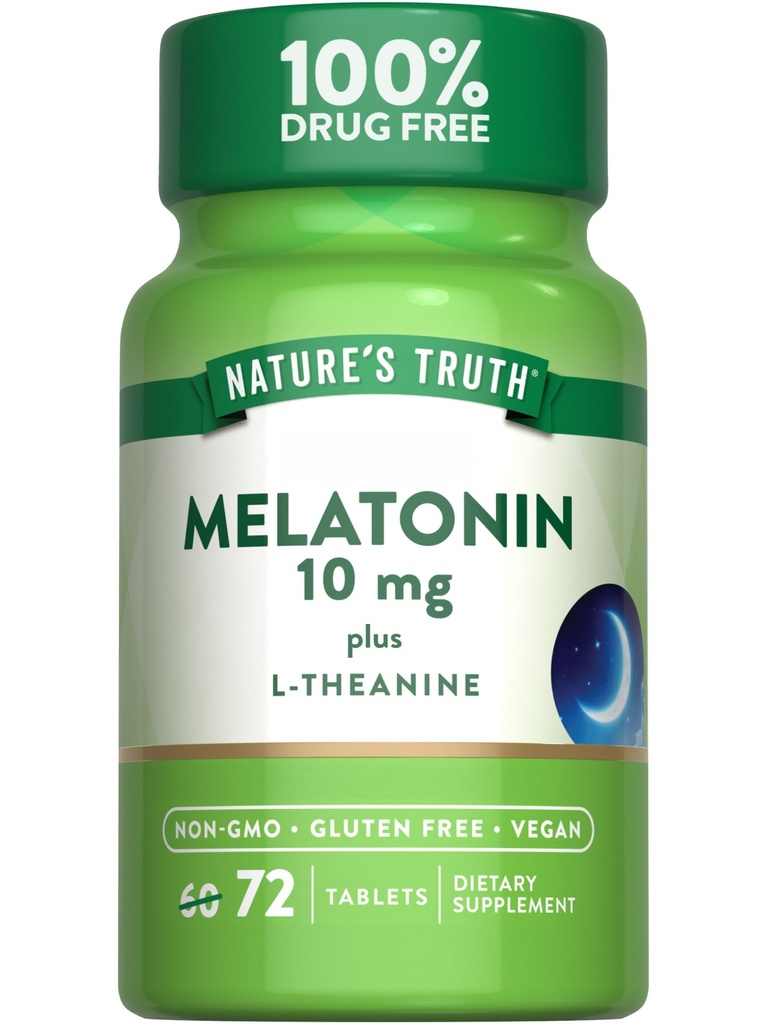 Nature's Truth Melatonin 10 mg + L- Theanine + 72 平板电脑 最大力量 + Vegan, Non-GMO 和 Gluten 免费补充