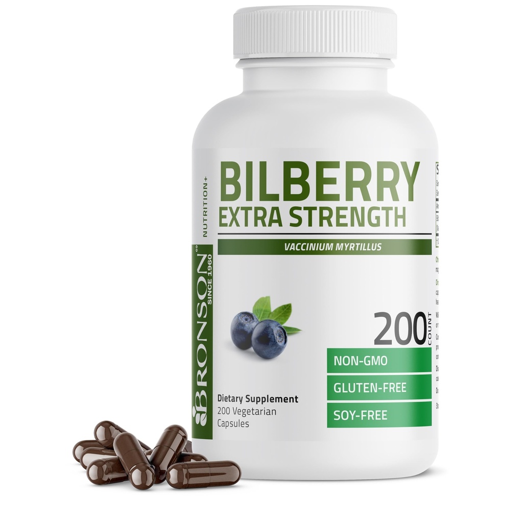 Bronson Bilberry Extra Force Vaccinium Myrtillus,促进眼部健康和支持健康视野 - 非转基因生物,200 植物盖