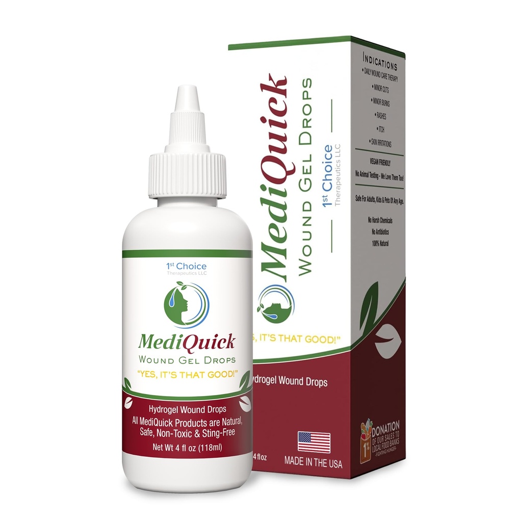 MediQuick Skin & Wouncare Hydrigel Drops - 快速治疗急救 Drops 12小时行动到治愈切片,烧伤,炎症,Rash,Itch,Eczema & More - 无缝安全伤口清洗 - 4 Fl Ozz