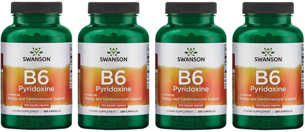 Swanson B6 Pyridoxine - 维生素补充剂促进心血管健康与能量代谢 - 自然公式促进整体健康 - (250卡普尔,每包100毫克) (4包)