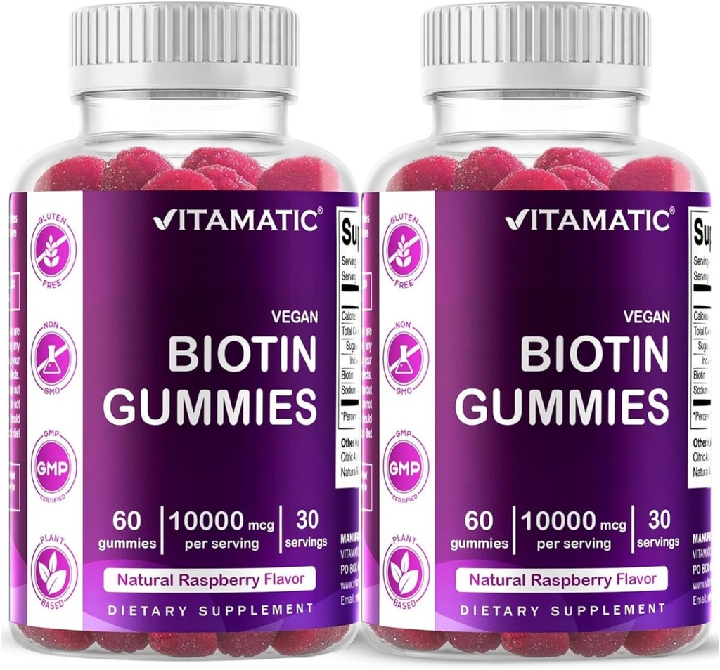 更强的头发、皮肤和钉子的维生素生物素蛋白1万毫克 - 60 Vegan Gummys - 也被称为维生素B7(2瓶)