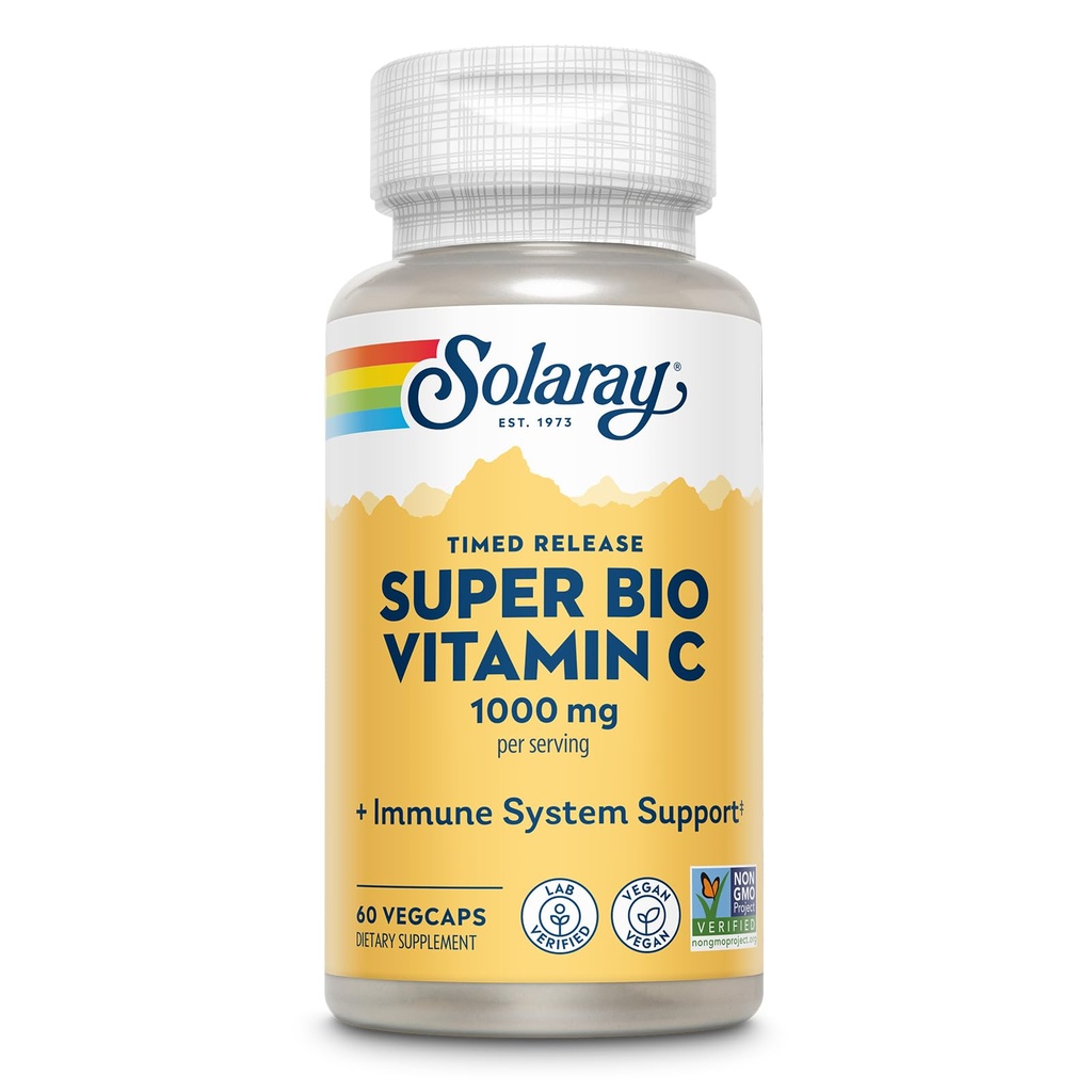 SOLARAY 超级生物缓冲维生素C 1000mg,双链,有生物氟化物的定时释放维生素C,免疫辅助补充-高吸附,Vegan,60天保障,30服务,60VegCaps