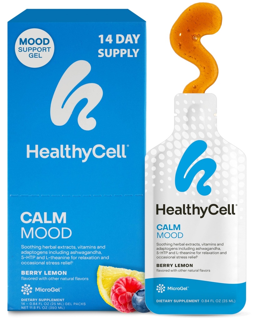健康细胞 Calm Mood Daily Liquid Supplement - Cortisol 管理者和Mood 支持 Ashwagandha, L- Theanine, Magnesium, 5-HTP, GABA & Saffron - 14 Gel Packs