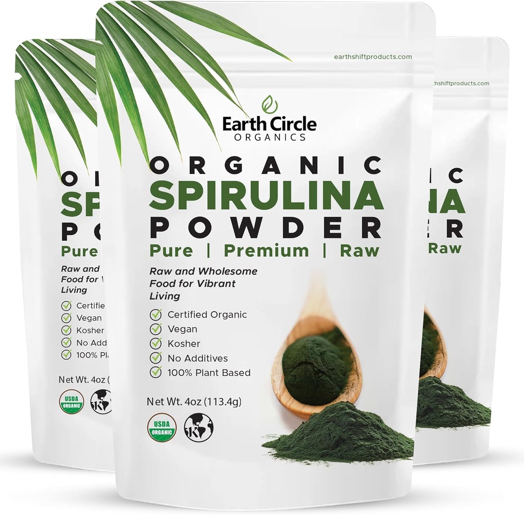 土圈有机物 Spirulina Powder, Kosher, Raw and 非辐照 |纯 Vegan蛋白 | Premium Superfood, 高于氨基酸和抗氧化剂 - 4 Ounce(3包)