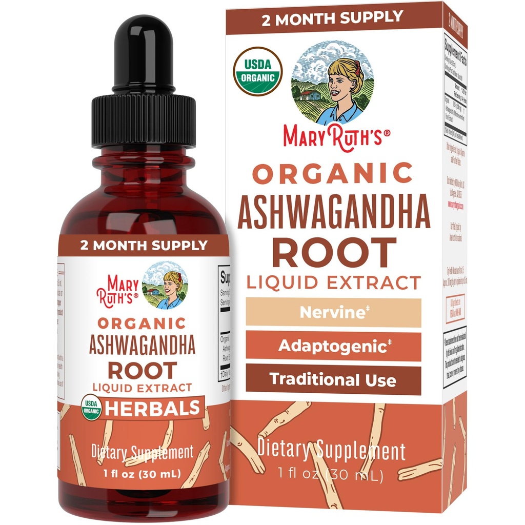 MaryRuth 有机体 Ashwagandha Root USDA 有机体 Ashwagandha 液滴 压力缓解、自然平静、放松和木质支持补编 适应性 纳文 维根 维根 60服务