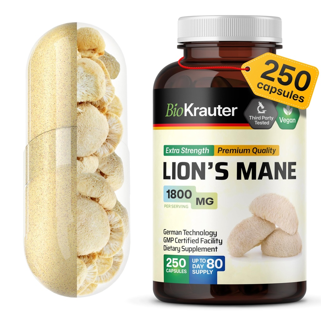 BIO KRAUTER 狮子马恩补充卡普尔 1800 mg - 250 mg - 维冈狮子马恩粉补充卡普尔 大脑支持补充卡-3个月供应 - 无填充器
