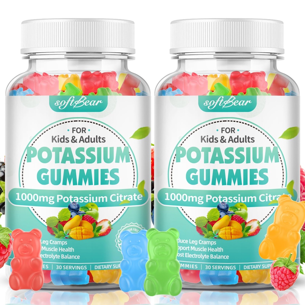 软熊 Potassium Citrate Gummys, 高钾 Potasium Citrate 1000mg 支持 腿板和肌肉健康 Potasium Gummys 成人与儿童混合水果火焰 120 计数