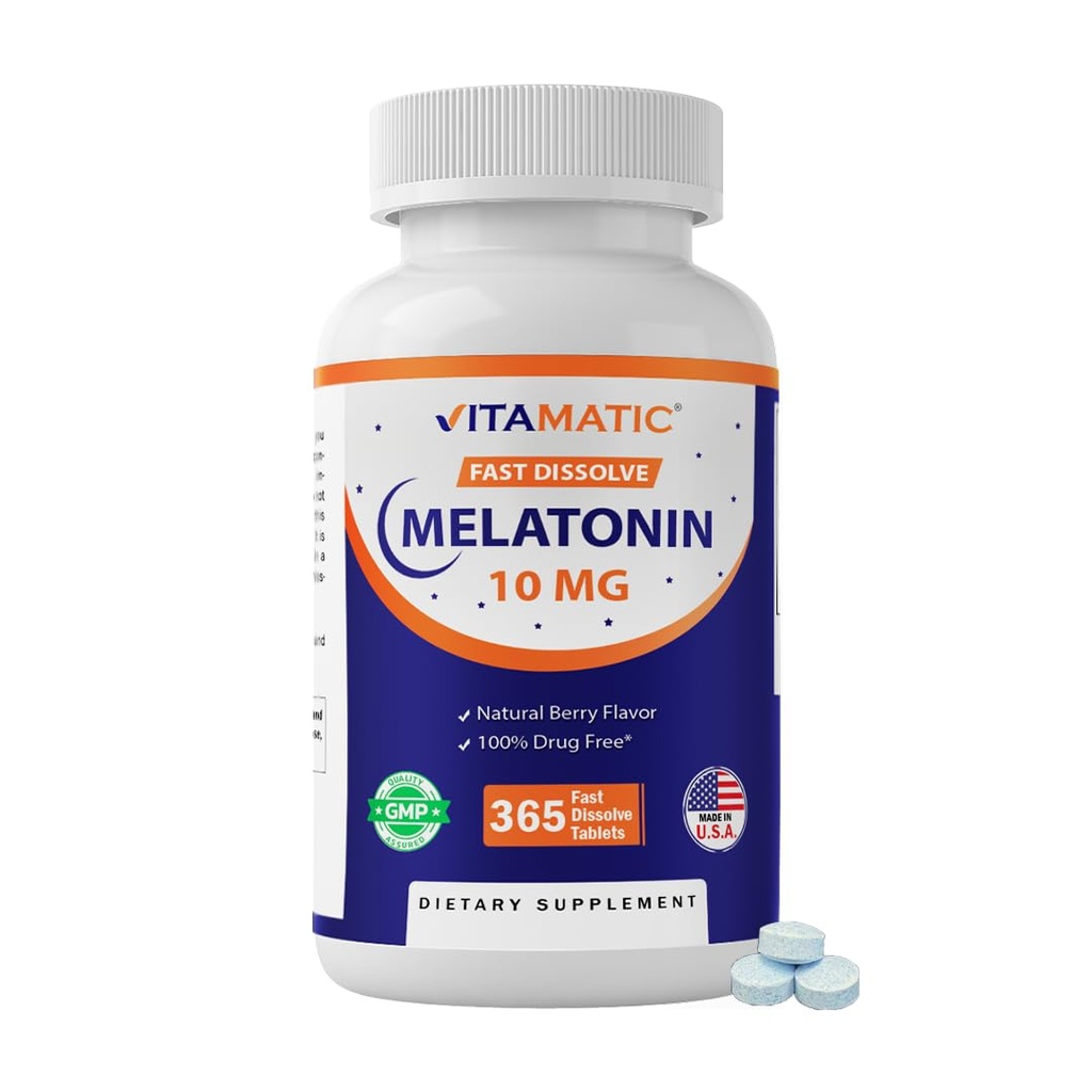 维生素Melatonin 10 mg 快速溶解片 – 成人快速溶解睡眠支持补充剂 – 蔬菜,Non-GMO & Gluten-Free – Natural Berry Flavor – 365