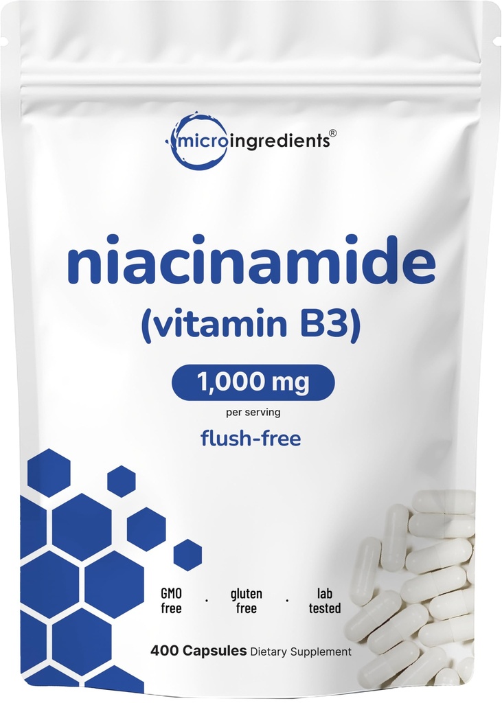 维生素B3 Niacinamide 500 mg Per Capsule, 400 Capsules 1000 mg Flush Free Niacin Per Service, 基本B 维生素补充 → 皮肤保健与能源支持 → 非GMO, Gluten Free
