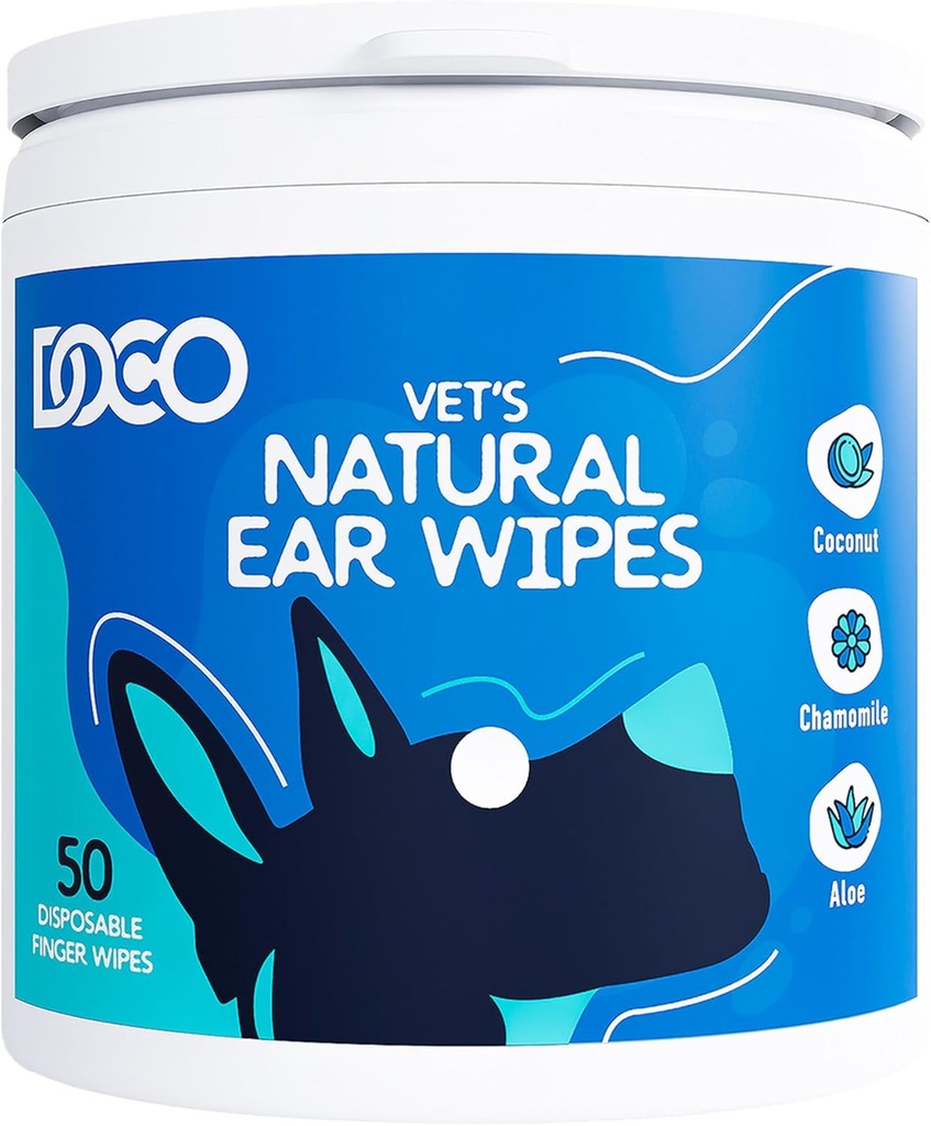 DOCO 狗耳清洁擦拭 狗和猫Eucalyptus 的手指清洗工具, 香摩利和阿洛埃 猫耳清洁剂, 除臭剂和帮助痒耳 (50个计数)