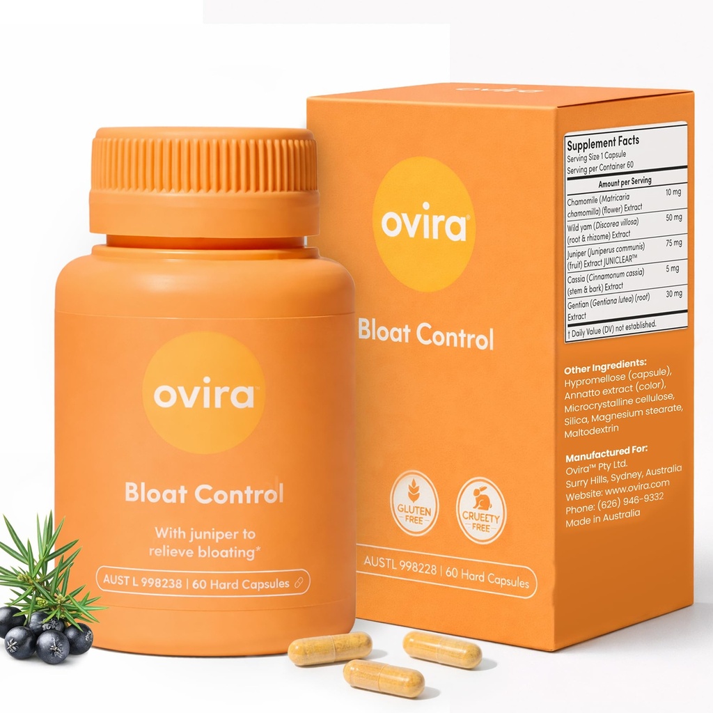 Ovira Bloat 控制补编,配有 JUNICLEAR - 60 Capsules for Gas and Bloating Relief - 男女有效减肥 - 帮助保留水源和促进消化健康 - 第1包