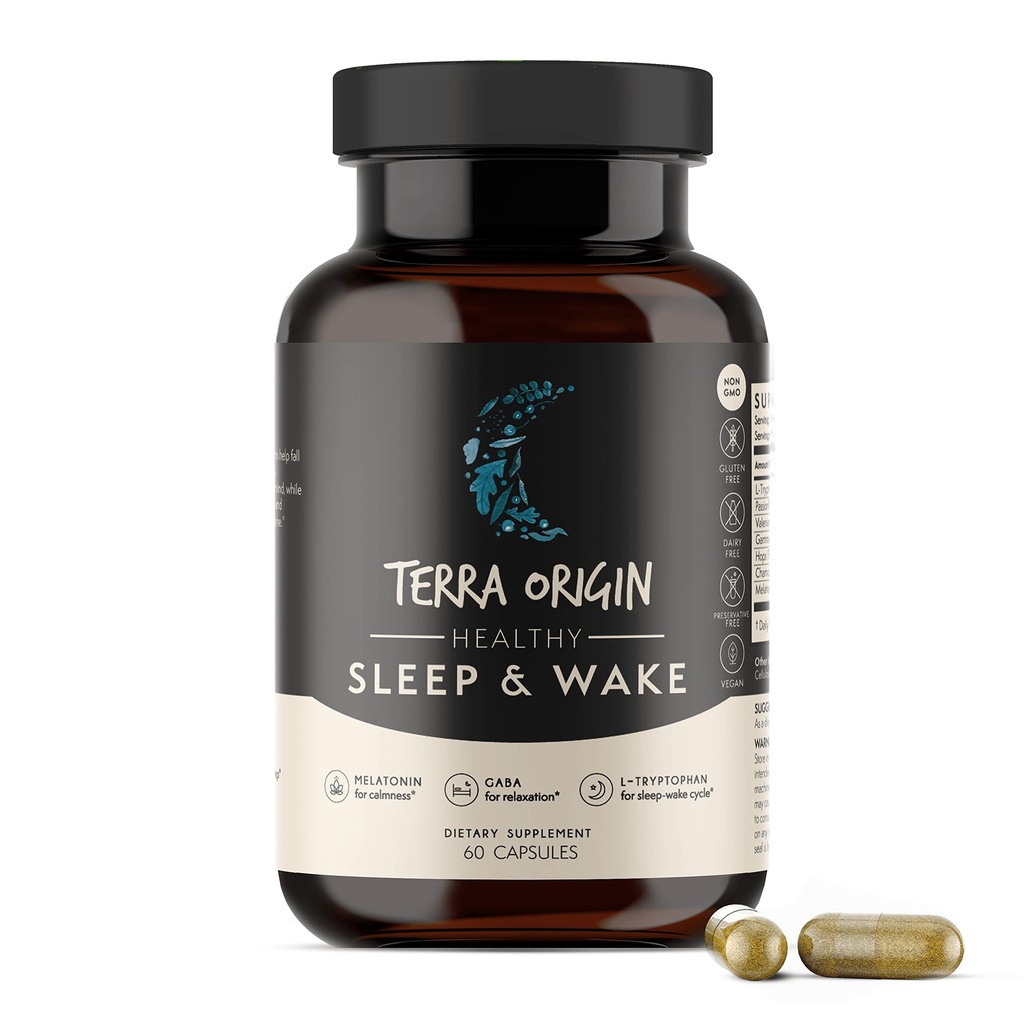 TERRA 成人健康睡眠和醒悟自然睡眠援助补编 休息和醒悟刷新 QQ GABA, L-Tryptophan, Melatonin, Chamomile, Valerian, PassionFlower 60 Capsules