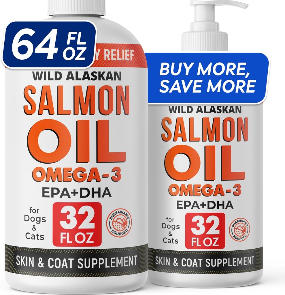 StrellaLab 64 OZ 沙门油换狗 - Omega 3换狗和猫,Itch和过敏救济,野生阿拉斯加沙门油狗皮和煤,狗鱼油液体, Sheding 补充 EPA & DHA 脂肪酸 - 2Packs