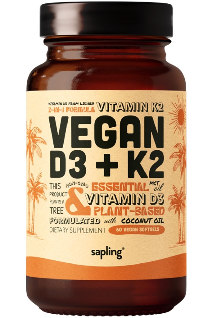 Vegan Vitamin D3 + K2 配有来自椰子的MCT Oil – 4000 IU Vitamin D 和 100 mcg Vitamin K2 作为 Mk7 – 钙吸收,骨强,以及免疫健康支持* - 60 软胶