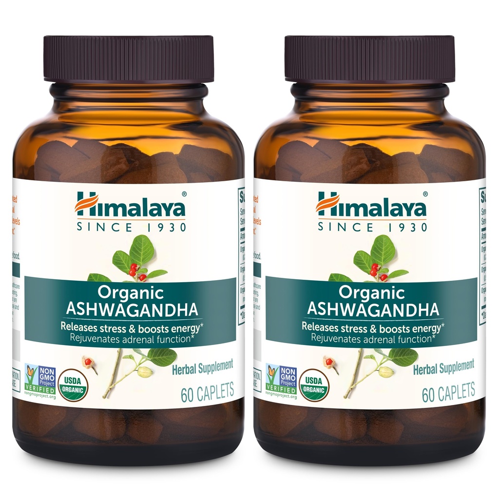 喜马拉雅有机Ashwagandha,120天供应,缓解压力的草药补充,能源支持,偶尔失眠,USDA有机,非GMO,Vegan,Gluten Free,670 mg,60 Caplets,2 Pack