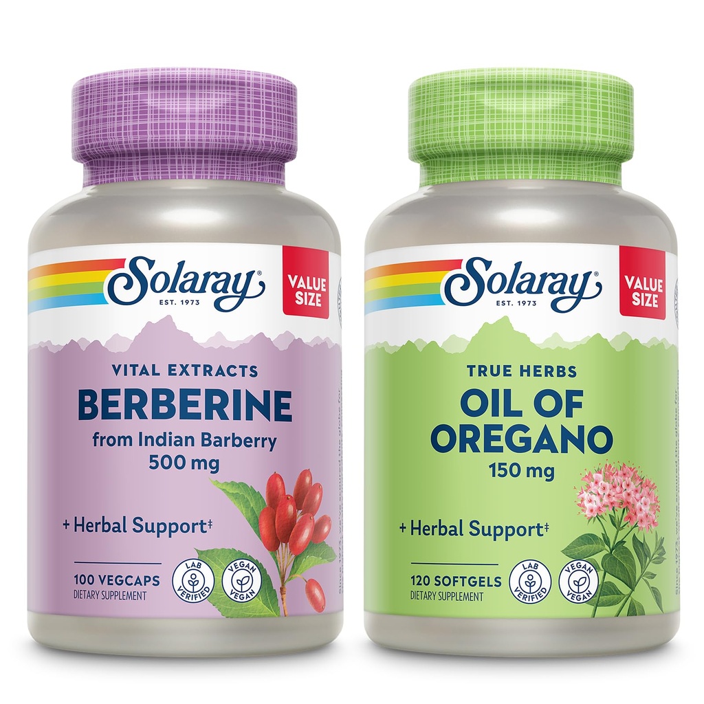 Oregano Bundle的SOLARAY Berberine和石油 -- -- 印度Barberry Plus Oregano石油补充剂的Berberine HCl -- -- 100 Veg Caps/120软胶