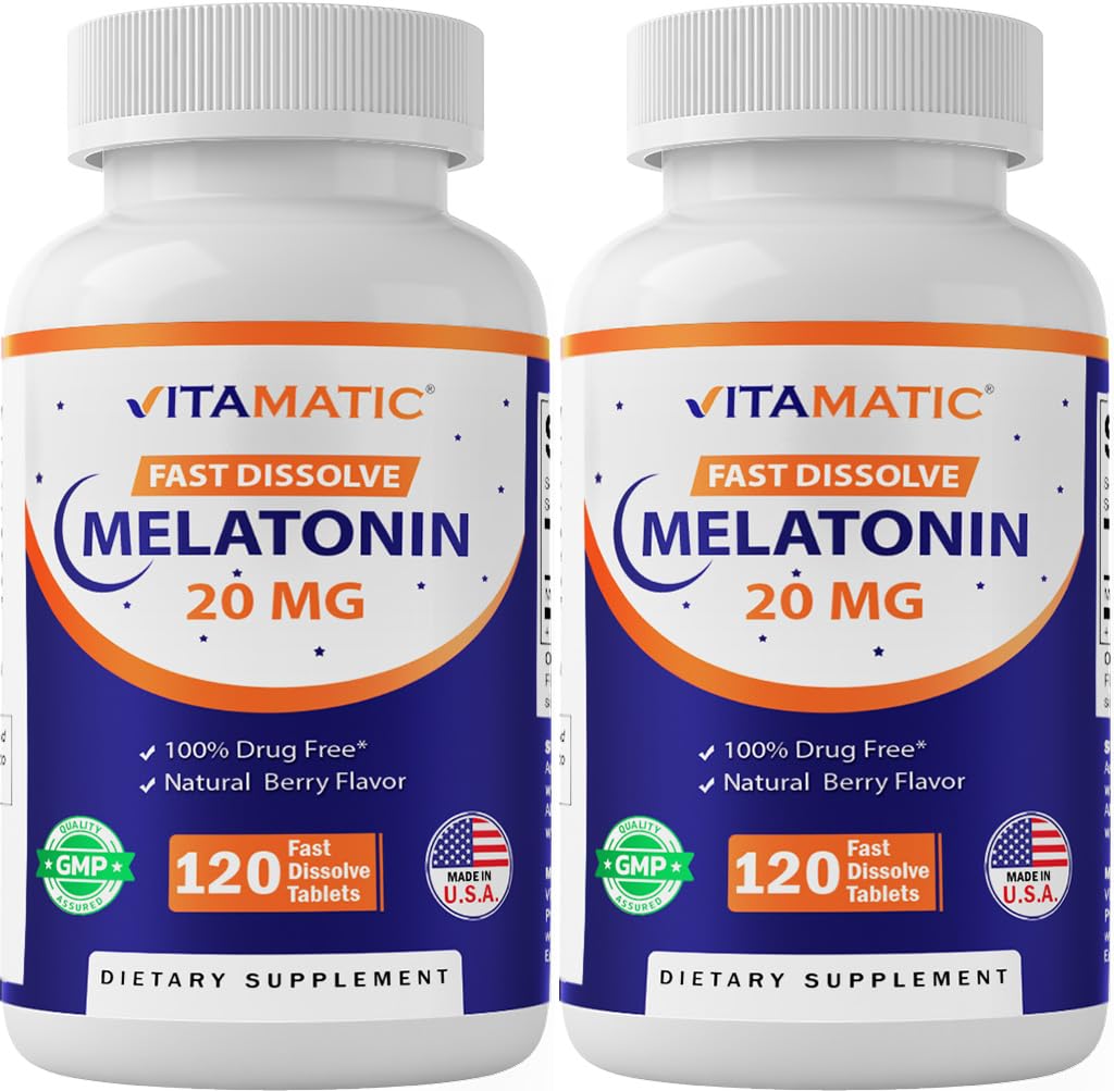 Vitamatic Melatonin 20mg for Sleep Support QQ Vegetarian, Non-GMO, Gluten Free QQH High Potency 20 MG QQ 天然贝瑞 Flavor 120 快速溶解板 - 2 Pack - 240 计数