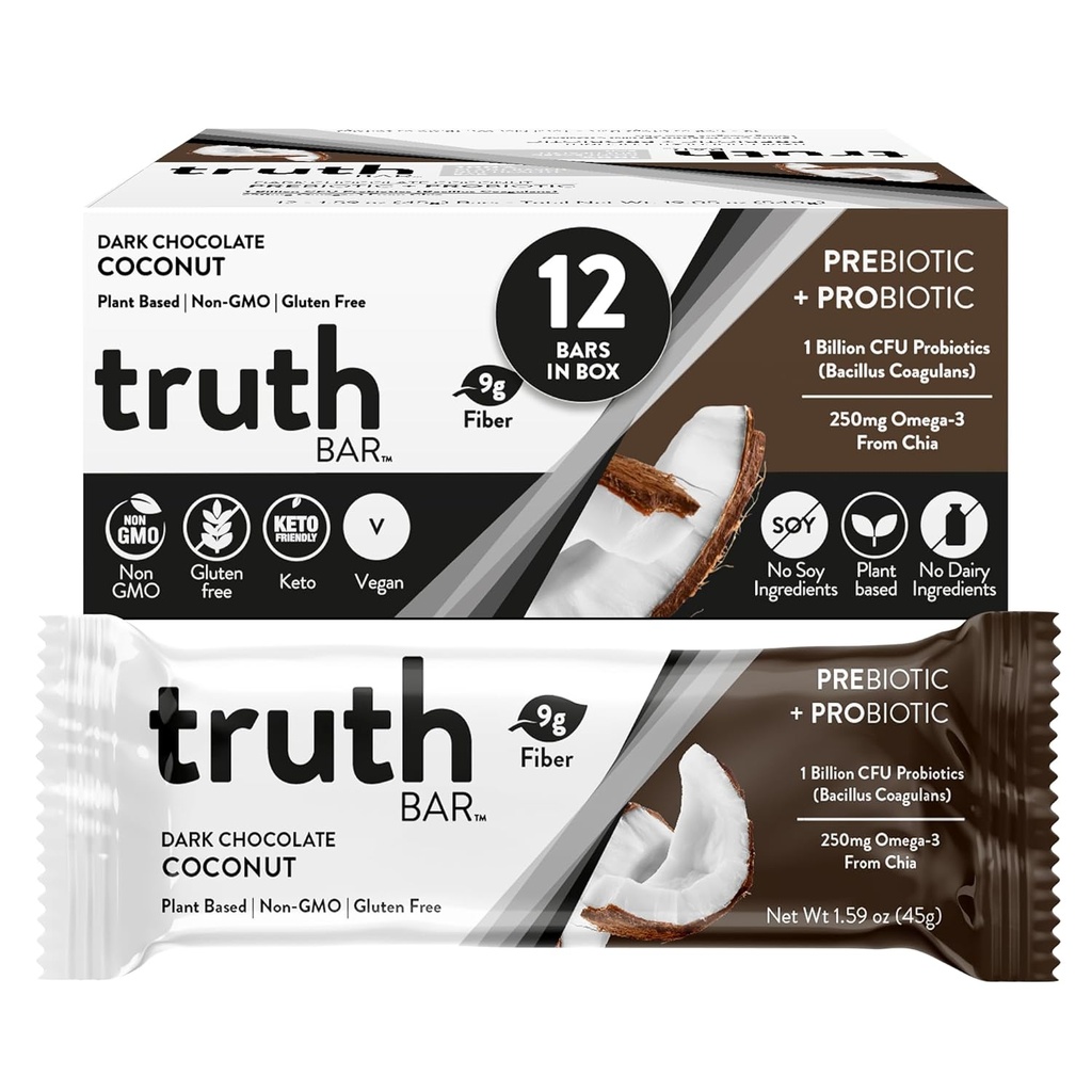 Truth Bar Health Snack, Omega 3 from Chia, Plant based, Prebiotics & Probiotics, 高纤维, 低糖, Keto, Kosher, 暗巧克力, Vegan, Gluten Free, 12 Ct, 45g ea.