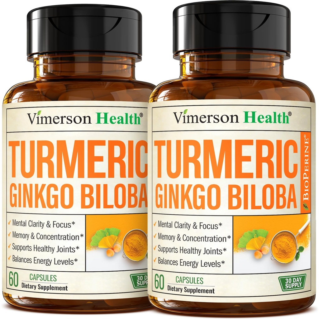 Ginkgo Biloba和Turmeric Curcumin 补编 w/Black Pepper & Organic Tumic – 天然的Turmeric 补编 聚焦,记忆,联合和大脑健康 维根·Ginko Biloba Capsules w/Curcuma – 2 Pack