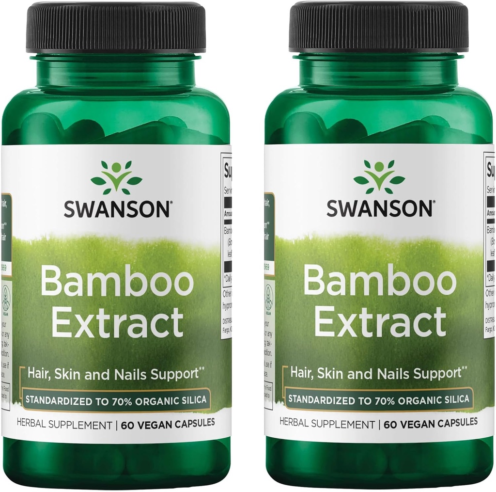 Swanson Bamboo 提取 - 天然毛发、皮肤和钉子补充剂 - 70% Silica 含量支持烯烃形成和骨质生长 - (60 Veggie Capsules,每包300毫克) (2包)