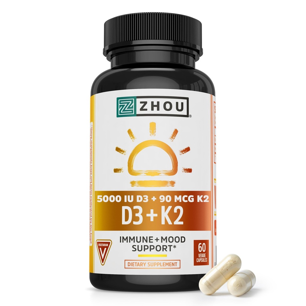 周D3+K2 - 女性和男性维生素D3 K2 补充剂 免疫支持Vit D3和K2 补充剂 纯蔬菜配方,配有5000 IU的D3和MK-7 - 60 Veggie Capsules (Pack of 1)