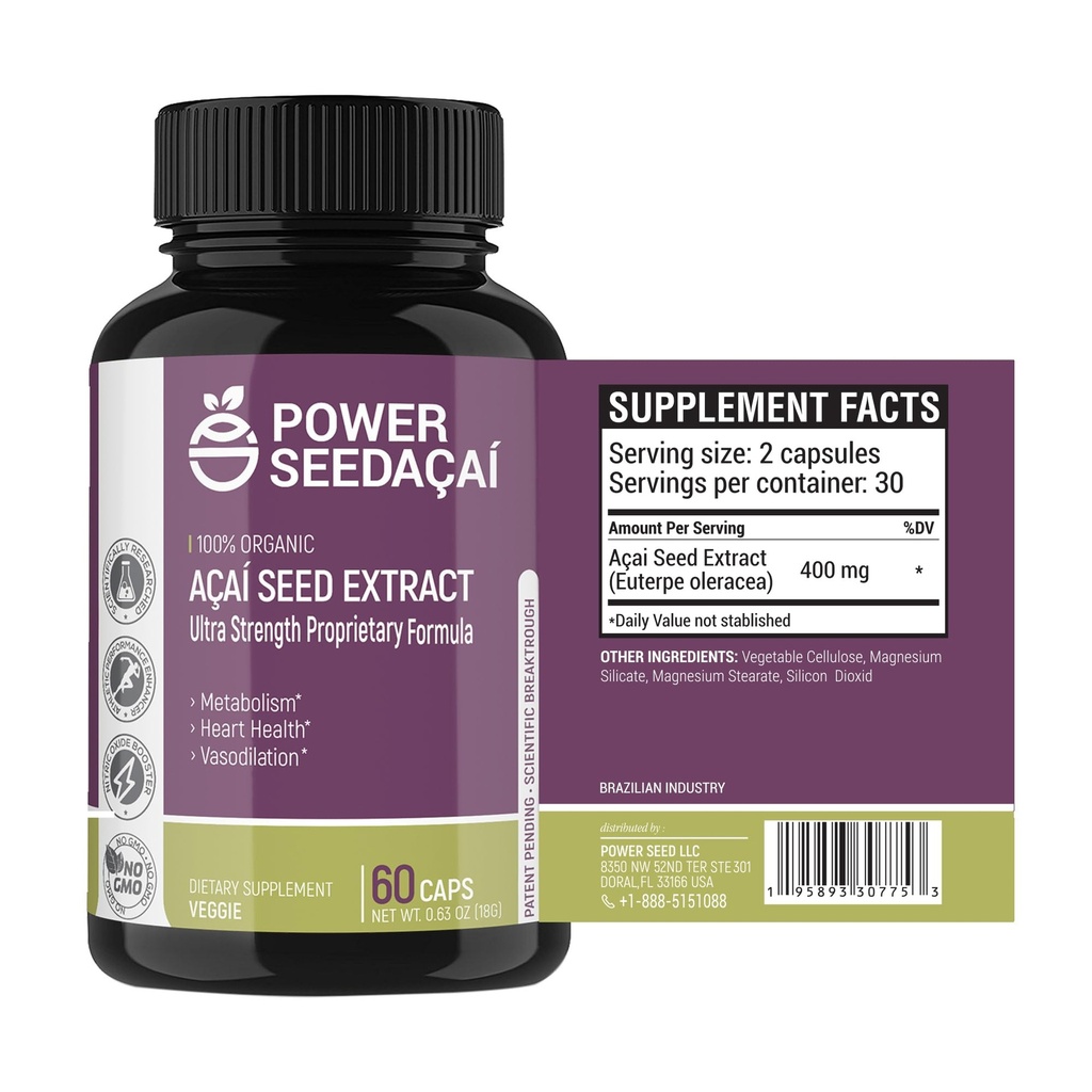 Power Seed Acai - Nitric Oxide 助推器,支持血流,血糖水平,Metabolic函数与能量. 超强抗氧化剂. 免费咖啡因。 专利公式 。