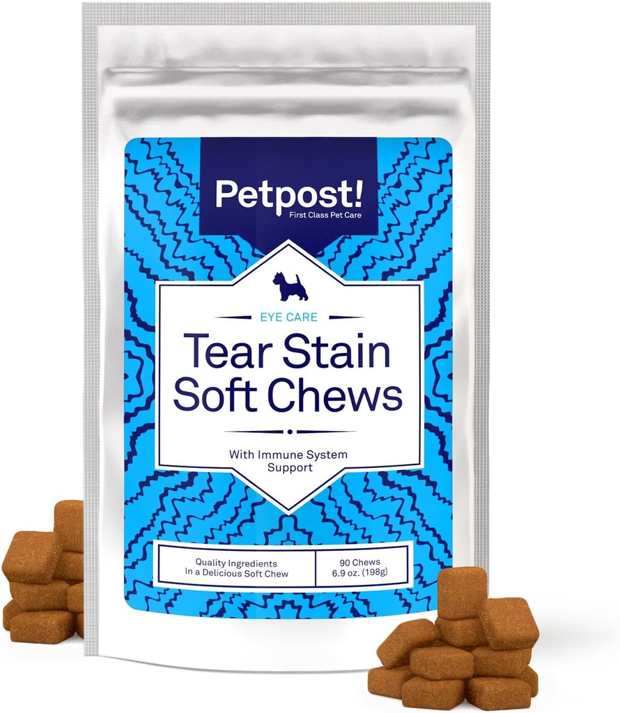 Petpost Tear Stain Refer Soft Chews for Dogs – 90 Count Cheese Flavor Dog Tear Stain 支持补充 – Gentle Eye Care for White Dogs & Light Breeds – Tylosin Free, 由美国制造 – Tylosin Free(英语:Tylosin Free)