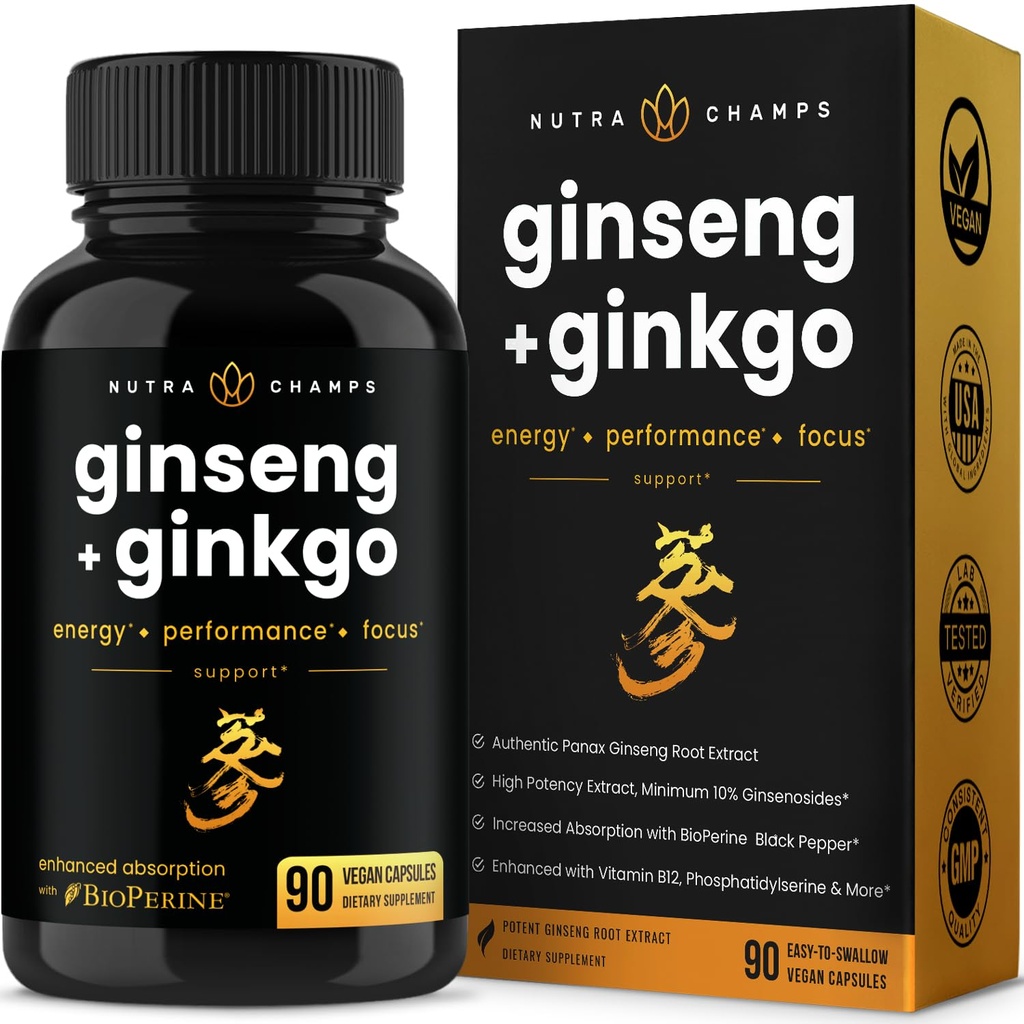 NutraChamps 韩国红色 Panax Ginseng Capsules – 外强 Ginsenosides 能源,焦点,性能,生命力和免疫力支持 – 韩国红色 Ginseng 根提取(90, Premium Gold)