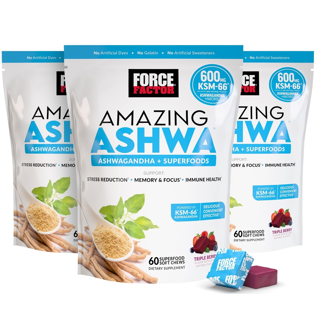 FORCE FACTOR ASTHA ASTHA 精神压力救济、记忆、焦点和免疫支持健康,Ashwaganda 与 KSM-66 Ashwagandha 精神压力补充,180软嚼