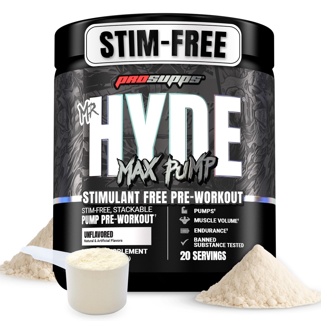PROSUPS先生 Hyde Max Pump Pre Workout Powder - 免刺激的预工作支持血液流动,肌肉体积和耐力 - 不含咖啡因的硝酸氧化物健身和适应性补充剂(未尝有,20种服务)