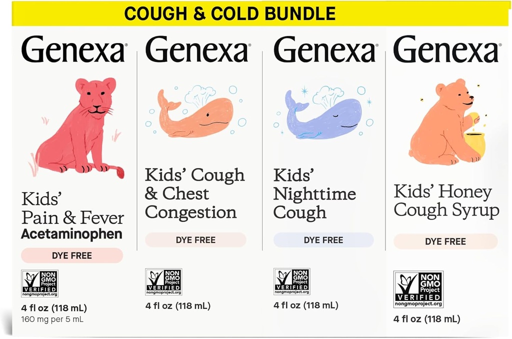 Genexa Kids' Clean Cough Medical & Honey Cough Sryup, Pain & Fever Reductioner Value 4-Pack, Dye Free, 0% 人工添加剂,儿童咳嗽护理,Fever & Pain Reliever, 16 fl z(4瓶)