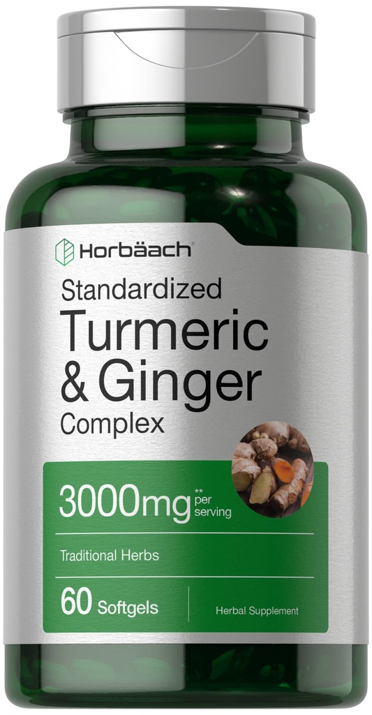 Horbäach Turmeric and Ginger Supplement 3000 mg → 60 Softgel Capsules → Turmeric Crucumin Complex with Black Pepper extract → → Non-GMO, Gluten Free