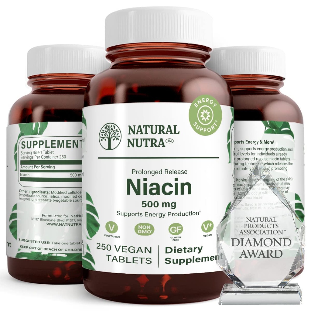 天然 Nutra 时间释放慢Niacin 500mg(维生素B3),支持健康胆固醇,促进心血管健康,促进皮肤细胞和改善认知功能,250 Vegan 片