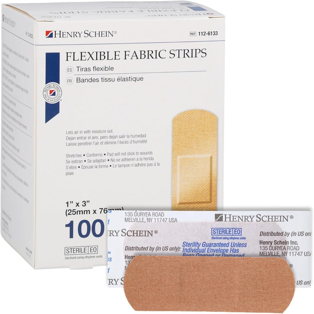 Henry Schein Sterile Adhesive Bandic Bandages, 1" x 3" – 100个弹性,可呼吸带的盒子 – 柔软,可伸缩的伤痕盖 急救,医疗用具,诊所和急救箱